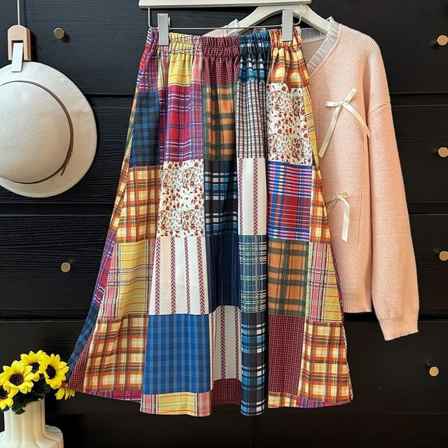 Lemongrass-Patchwork Plaid A-Line Midi Skirt