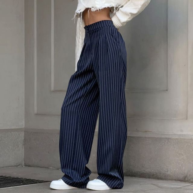 Shantaulpe High Waist Striped Wide Leg Dress Pants YesStyle