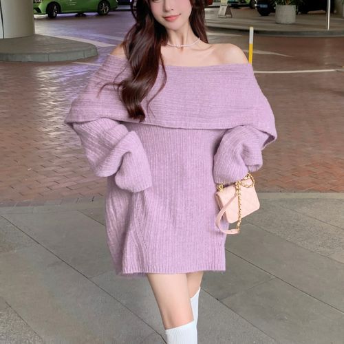GANGER Off-Shoulder Plain Sweater Dress YesStyle