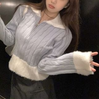 Beem-Long-Sleeve Contrast Collar Half-Zip Sweater