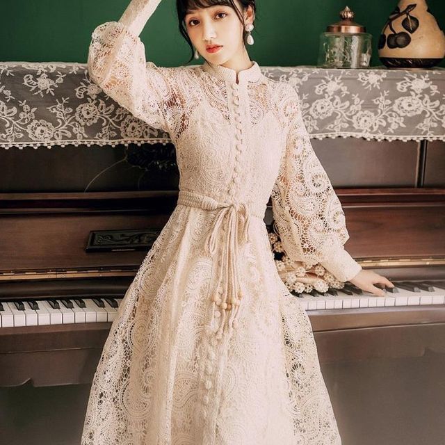 chinese dress ladies High Neck Cotton Lace Midi Dress main image 0