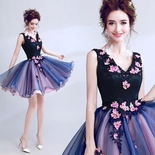 Flower Applique Mini Prom Dress ...
