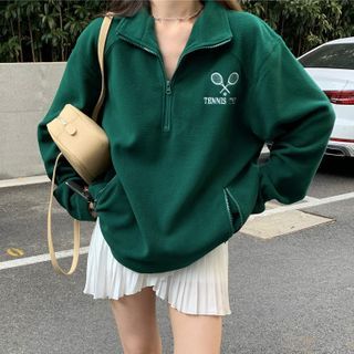 Embroidered Zip-Collar Woolen Sweatshirt / Chiffon Pleated Mini Skirt