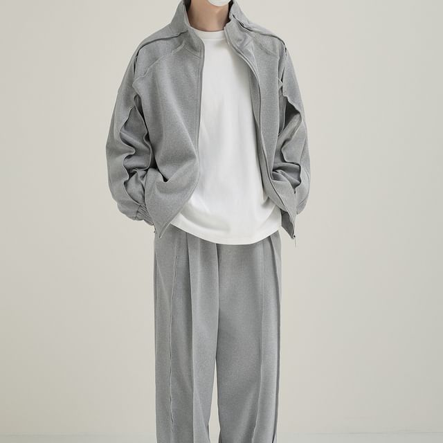 DAZO Studios-Set Stand Collar Plain Zip-Up Jacket Elastic Waist Wide Leg Sweatpants