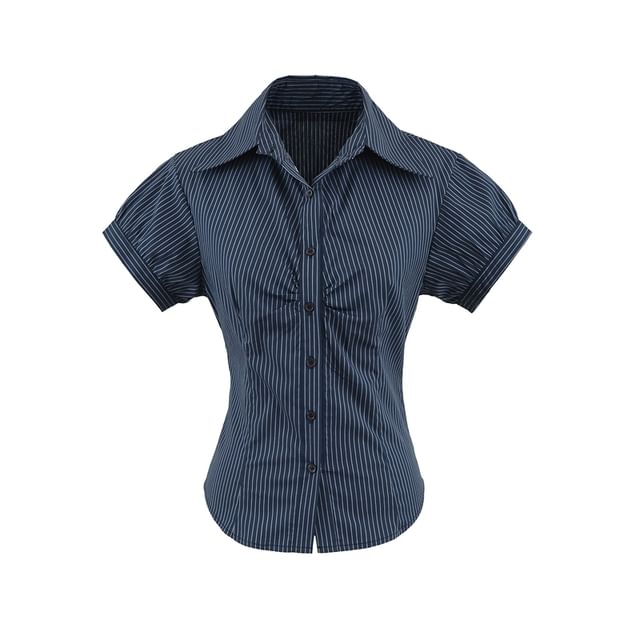 Ulark-Puff-Sleeve Striped Shirred Button-Up Shirt