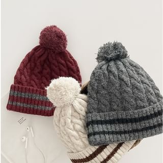4-4 STUDIO-Striped Pom Pom Beanie