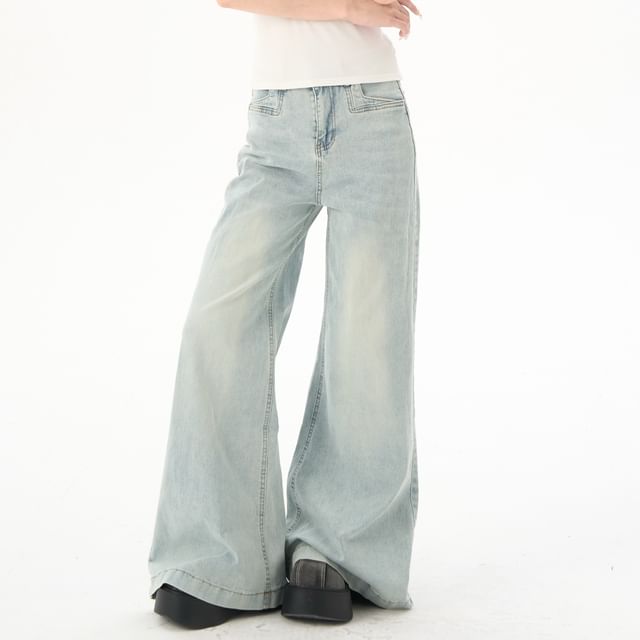 Porstina-Mid Waist Washed Flared Jeans