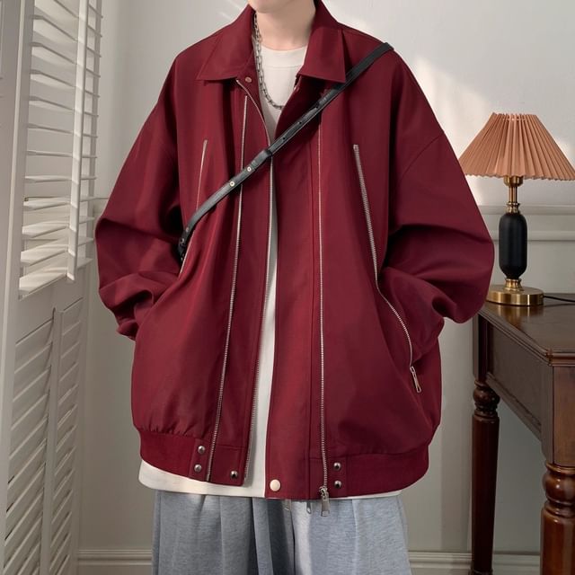 Bay Go Mall-Collared Plain Zip-Up Jacket