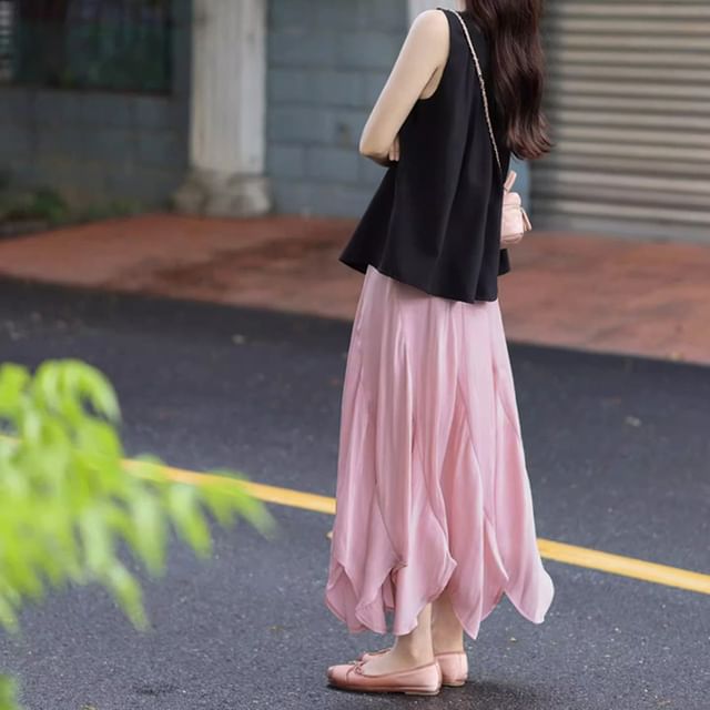 Lexama-High Waist Plain Maxi A-Line Skirt