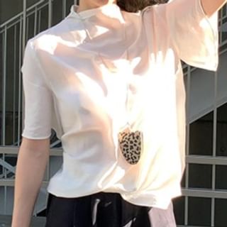 monroll-Short-Sleeve Mock Neck Plain Blouse