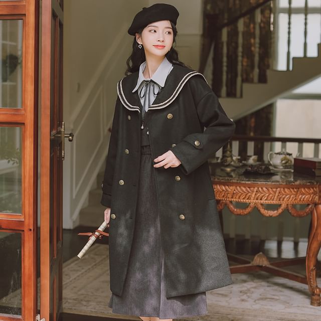 Lady Jean - Sailor Collar Double-Breasted Long Coat | YesStyle
