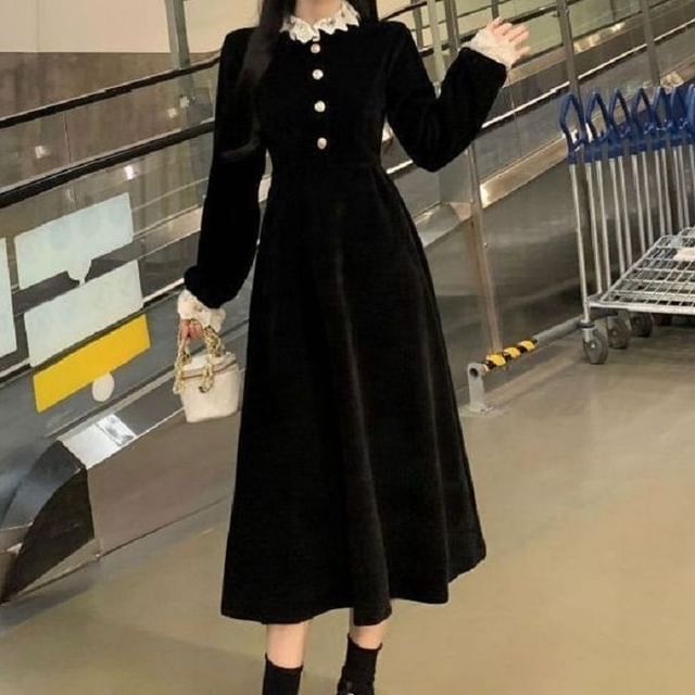 Cloud Nine-Long-Sleeve Collared Contrast Lace Trim Half-Buttoned Midi A-Line Dress