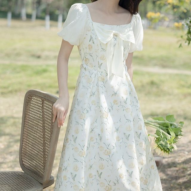 white christmas dresses Floral Cottagecore Linen Maxi Prom Dress 2591 – Xiaolizi