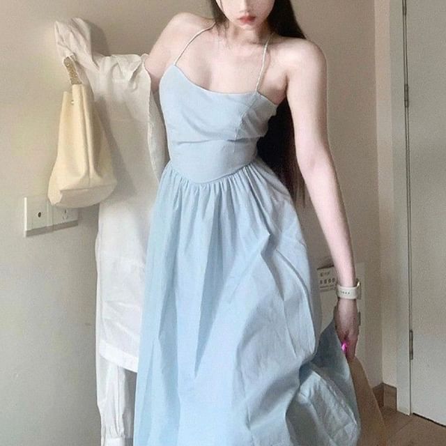 CRIBI-Spaghetti Strap Plain Mini A-Line Dress