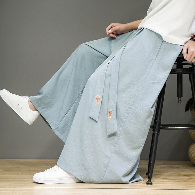 Ninine-Drawstring Waist Plain Wide Leg Pants