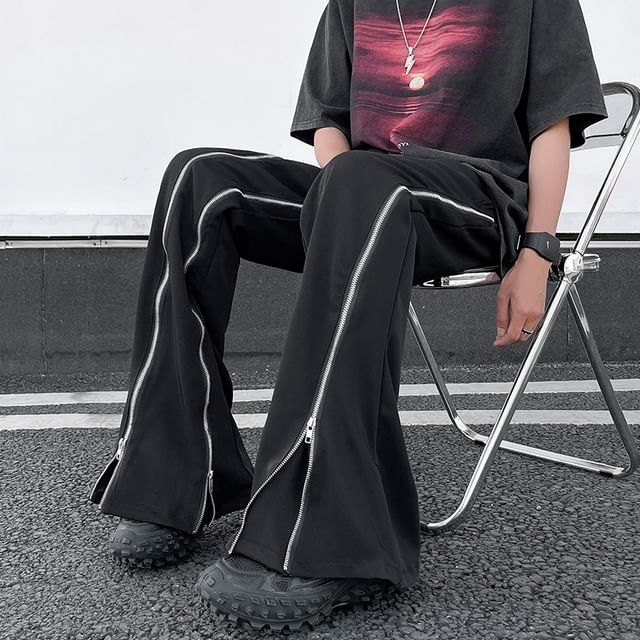 Whyessa-Elastic Waist Plain Zip Slit Flared Pants