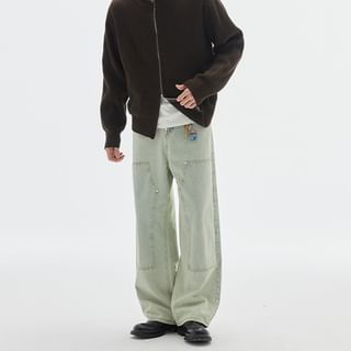 Omozando-Mid Rise Washed Panel Straight Leg Jeans