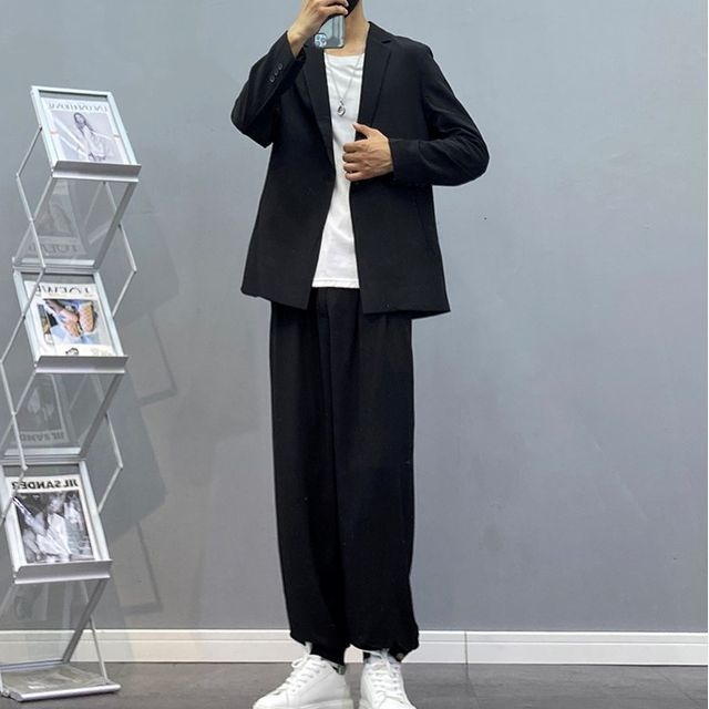 Dress Pants Plain T Shirt With Blazer Multi-Way Stretch Slim Fit