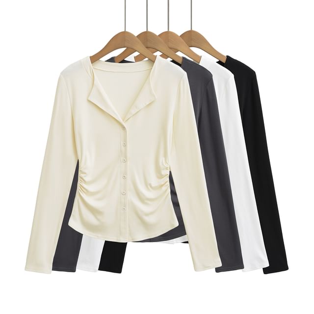 Asiris-Long-Sleeve Plain Shirred Button-Up T-Shirt