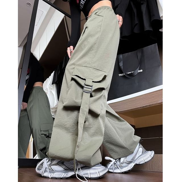 evanesce-Drawstring Waist Plain Cargo Baggy Pants