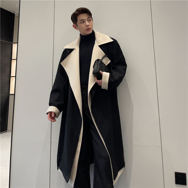 Patow - Long-Sleeve Two-Tone Woolen Trench Coat | YesStyle