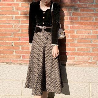 Glacia Velvet Blouse Plaid A-Line Skirt Set YesStyle