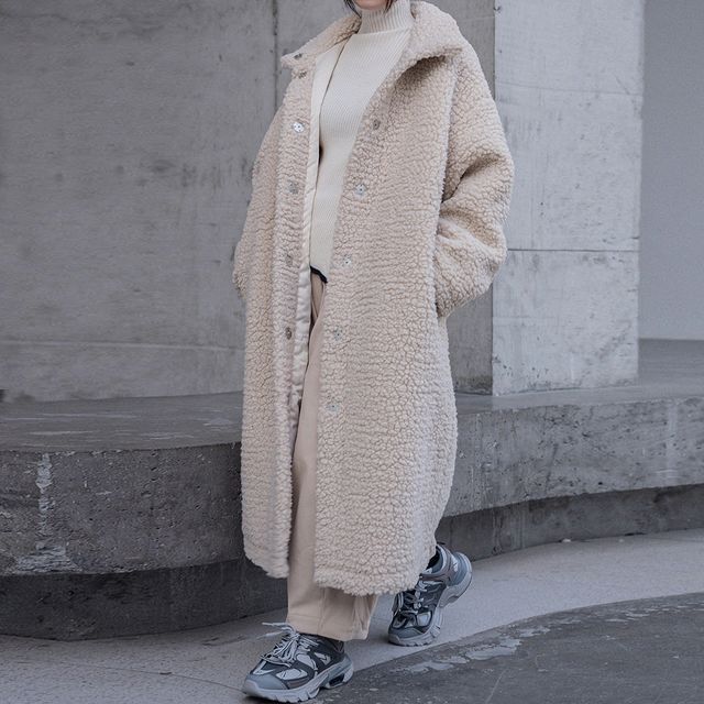 SIMPLE BLACK-Stand Collar Plain Fleece Midi Coat
