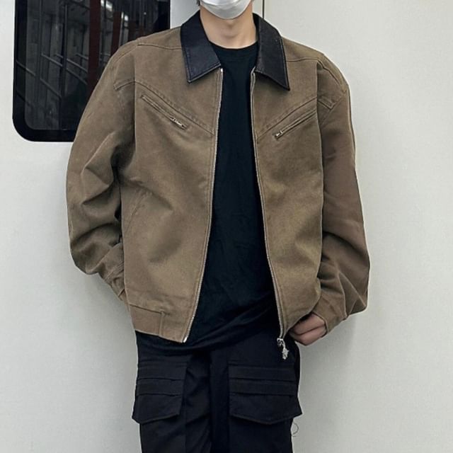 ROOSE-Contrast Collar Panel Zip Jacket