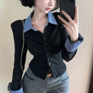 Magma-Long Sleeve Collared Plaid Panel Ruched Button Top
