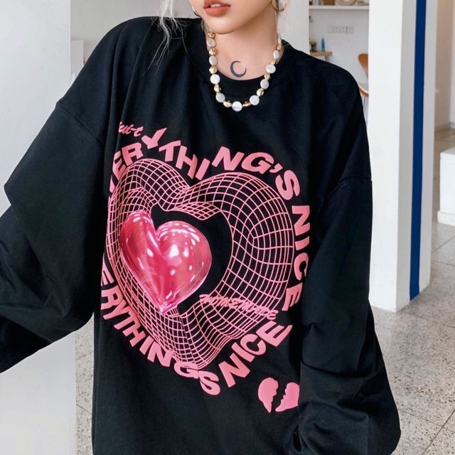Long-Sleeve Heart Print T-Shirt 