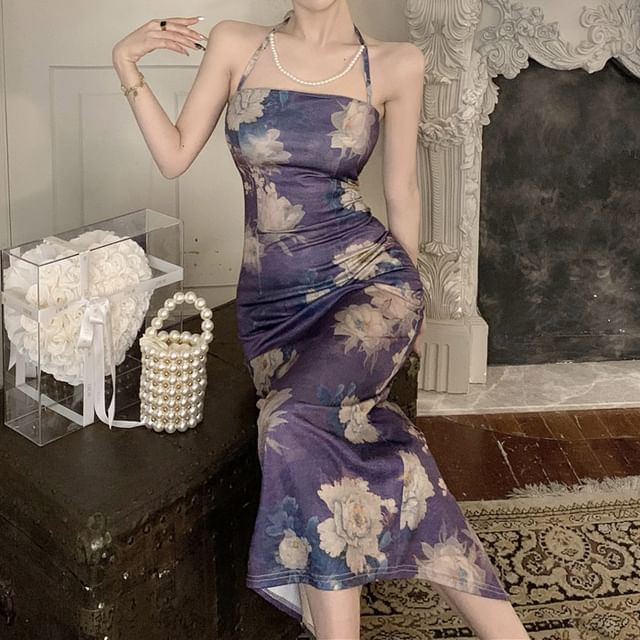 slim fit dress slacks Cipriana Backless Halter Maxi Dress Floral Pink