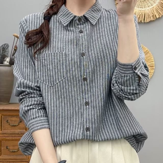 PANDAGO-Long-Sleeve Striped Shirt