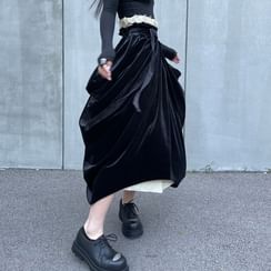 SIMPLE BLACK - High Rise Asymmetrical Plain Midi A-Line Mesh Layered Skirt