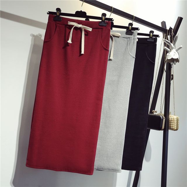 KUMI-Drawstring Midi Knit Pencil Skirt
