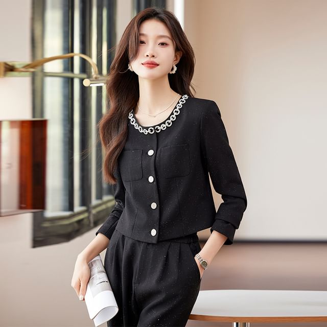 Princess Min-Set Round Neck Plain Double Breasted Blazer Mid Rise Plain Wide Leg Slacks