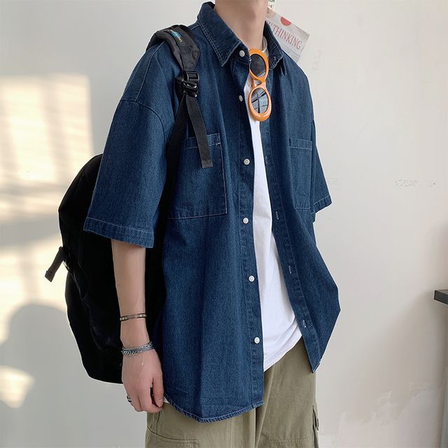 Whyessa-Elbow-Sleeve Denim Shirt