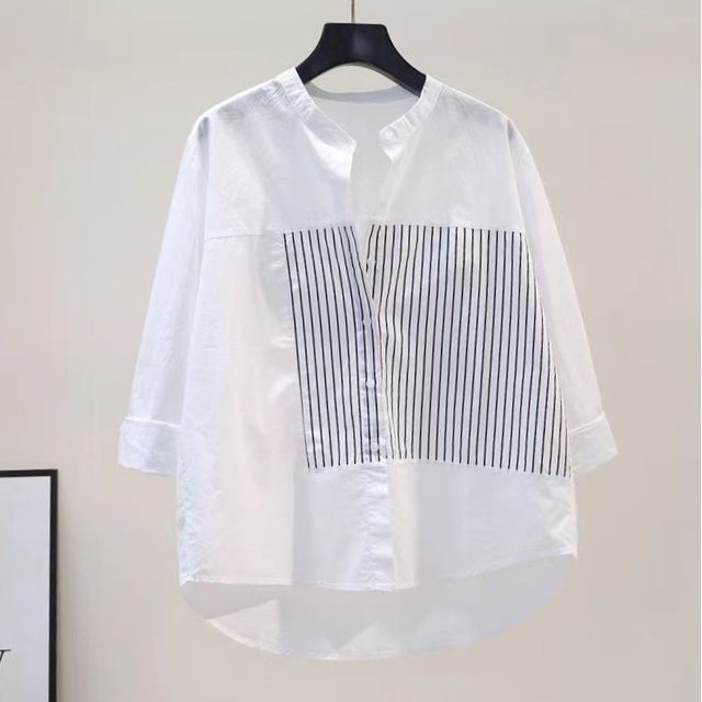 Inchioh-Long-Sleeve Striped Panel Blouse