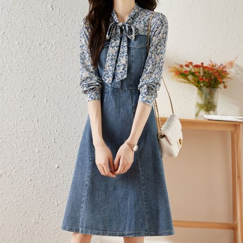 Long-Sleeve Floral Panel Denim Midi A-Line Dress