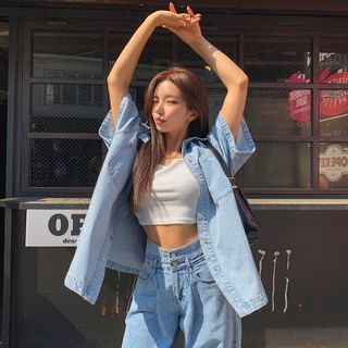 Short-Sleeve Oversized Denim Shirt 
