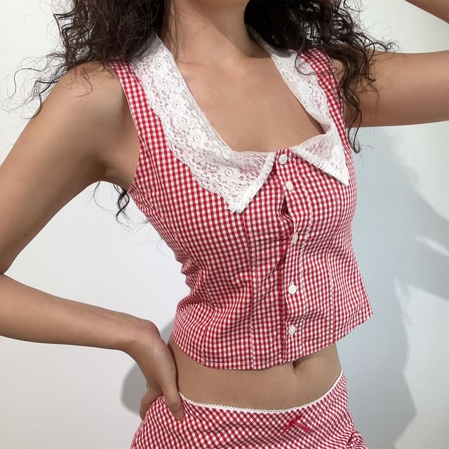 Sinora-Lace Collar Gingham Button-Up Crop Tank Top