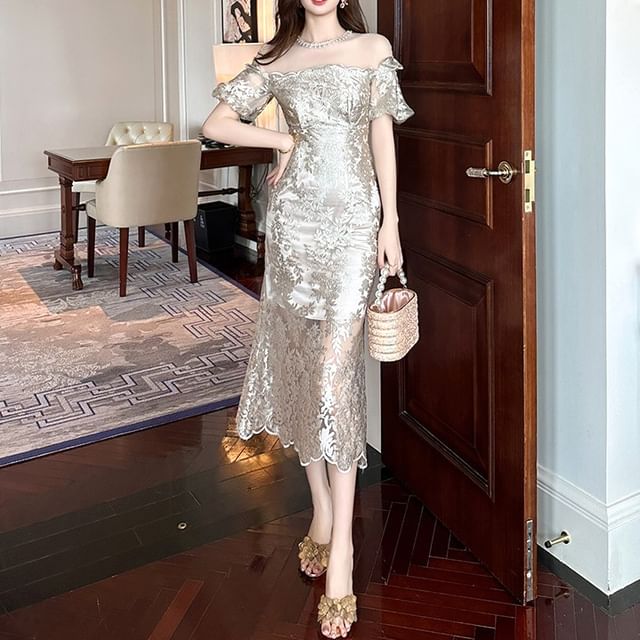 knee length dresses for ladies All-Over Lace Short Sleeve Dress XL main image 1