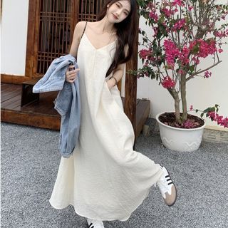 Khaji - Spaghetti Strap V-Neck Maxi Smock Dress | YesStyle