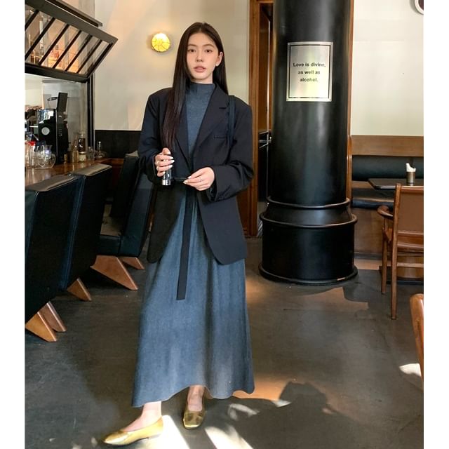 Alfie - Plain Loose-Fit Blazer / Cap-Sleeve Mock-Neck Knit Dress | YesStyle Alfie - Plain Loose-Fit Blazer / Cap-Sleeve Mock-Neck Knit Dress | YesStyle