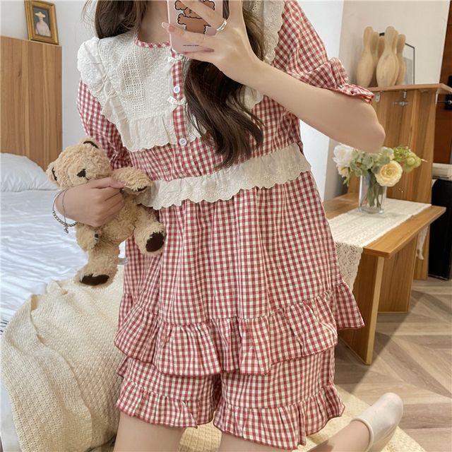 Dazzli-Pajama Set Puff-Sleeve Lace Panel Ruffled Gingham Button-Up Shirt Shorts