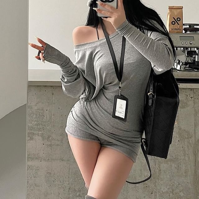 RainGirl-Long-Sleeve Off-Shoulder Plain Ruched Tee