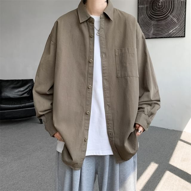 Bay Go Mall-Long-Sleeve Plain Button-Up Shirt