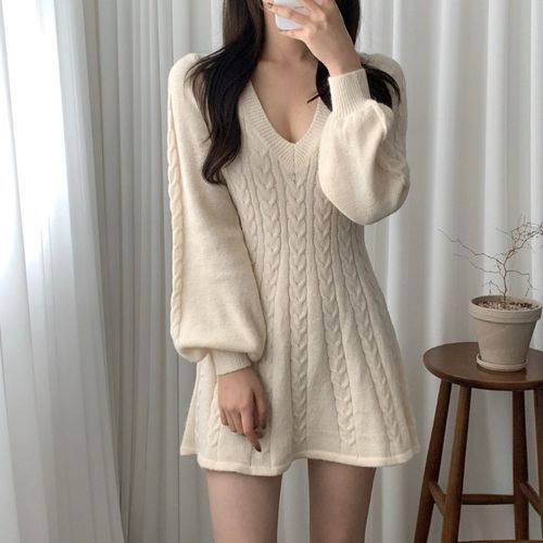 fashion nova sleeveless dresses Korean Style] 4 Color Zipper Collared Sweater Long Knit Dress – Ordicle main image 1