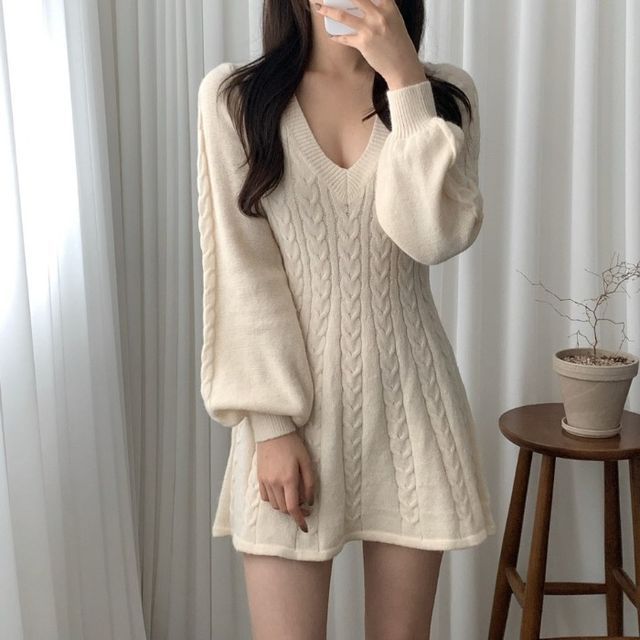 JOWI - V-Neck Plain Cable Knit Mini Sweater Dress | YesStyle
