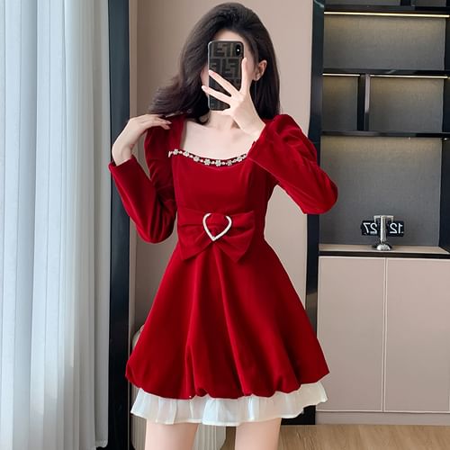 Long-Sleeve Square Neck Two Tone Bow Rhinestone Ruffle Velvet Mini A-Line  Dress