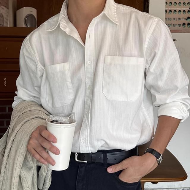 DragonRoad-Long-Sleeve Pocketed Plain Shirt